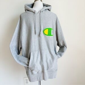 Champion Men’s Grey Pullover Hooded Sweatshirt Embroidered C Logo, Extra Large